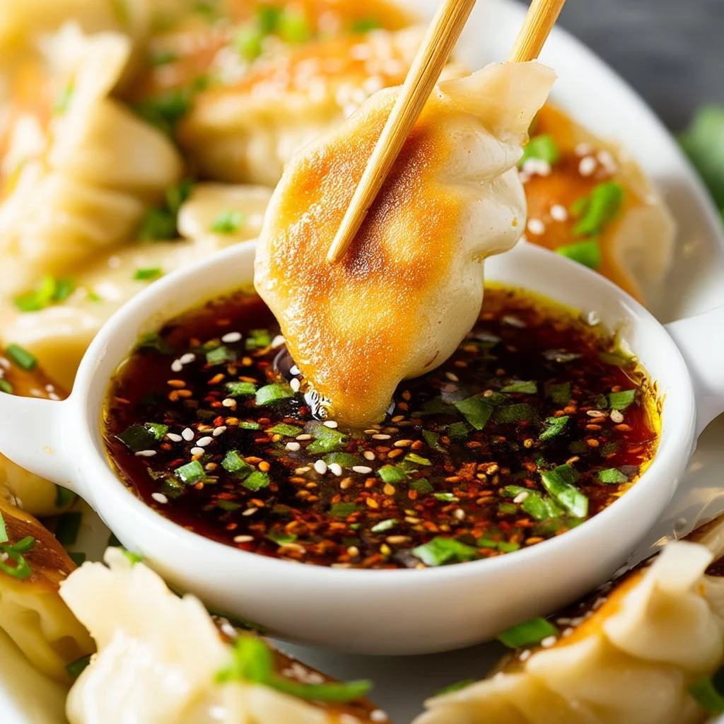 A variety of delicious dumpling sauces in small bowls for dipping.