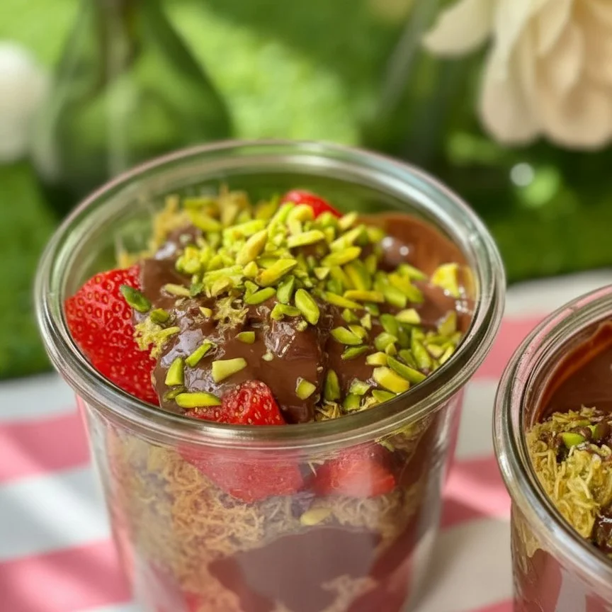 Decadent Dubai Chocolate covered strawberries on a decorative plate