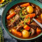 Dutch Oven beef stew simmering with vegetables and tender meat in a pot.