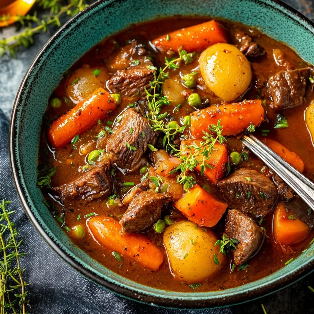 Dutch Oven beef stew simmering with vegetables and tender meat in a pot.