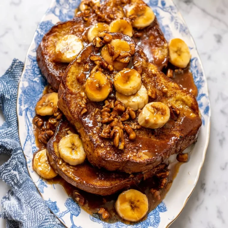 Delicious easy bananas foster French toast topped with caramelized bananas