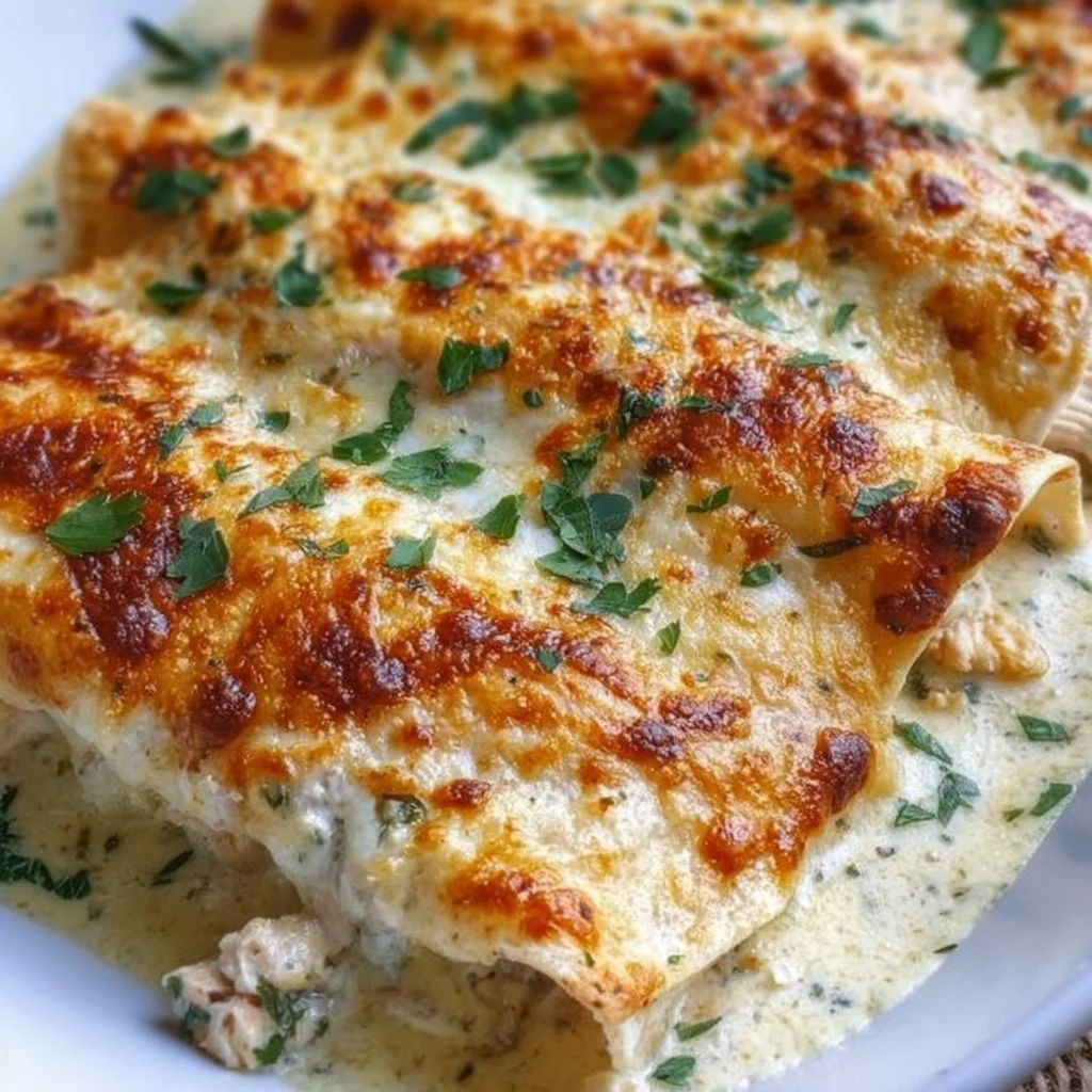 Delicious creamy white chicken enchiladas garnished with fresh cilantro