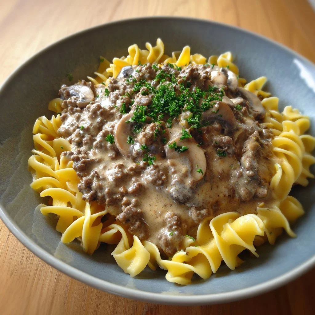 Delicious easy ground beef stroganoff served with noodles