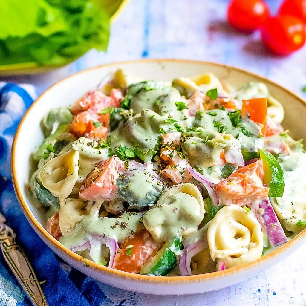 Delicious easy tortellini salad served in a bowl, perfect for gatherings.
