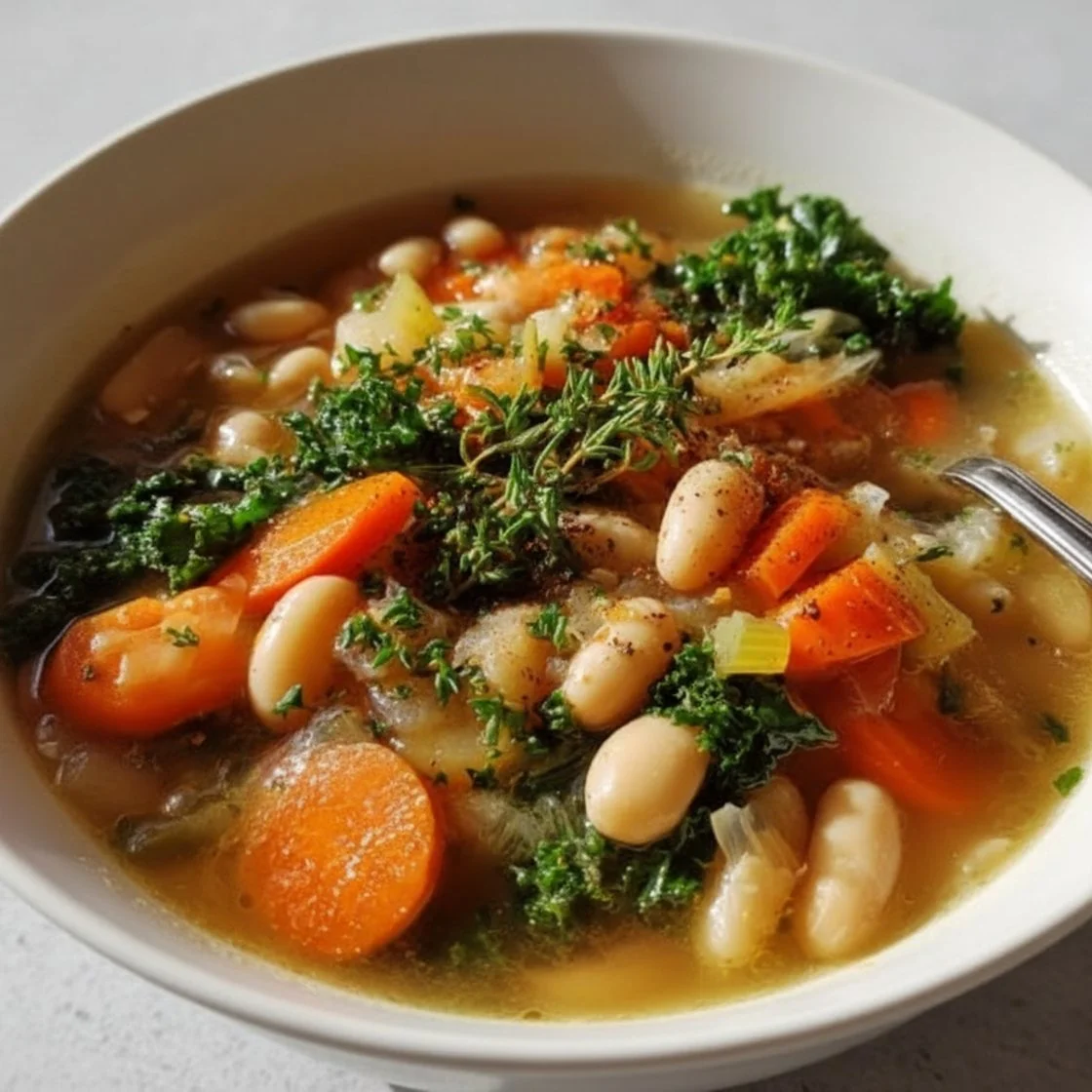 Bowl of Easy Tuscan White Bean Soup with fresh herbs and crusty bread