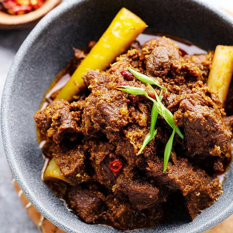 Delicious beef rendang served with rice and garnished with herbs