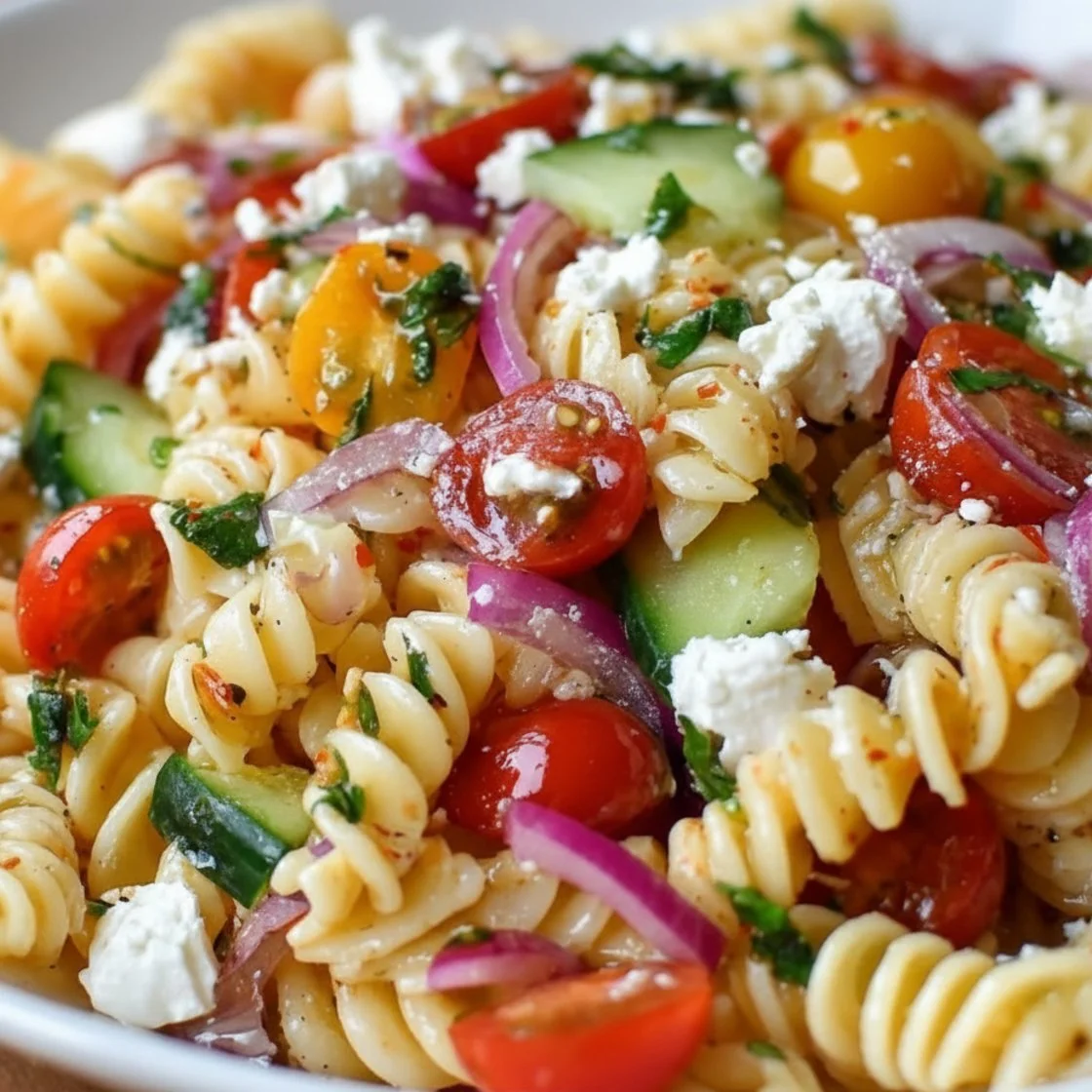 Colorful bruschetta pasta salad featuring fresh tomatoes and basil.