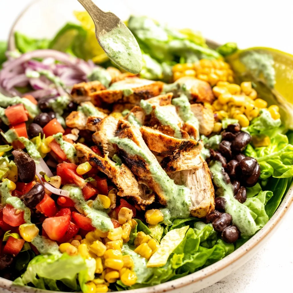 A colorful Southwest Chicken Salad with grilled chicken, fresh vegetables, and a zesty dressing.