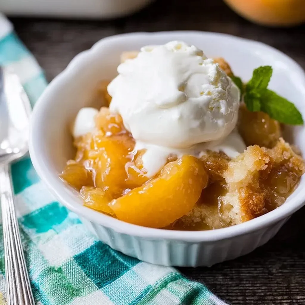 Classic peach cobbler with golden crust and fresh peaches ready to serve
