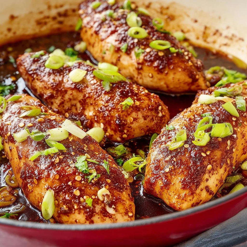 Plate of spicy Firecracker Chicken garnished with green onions and sesame seeds