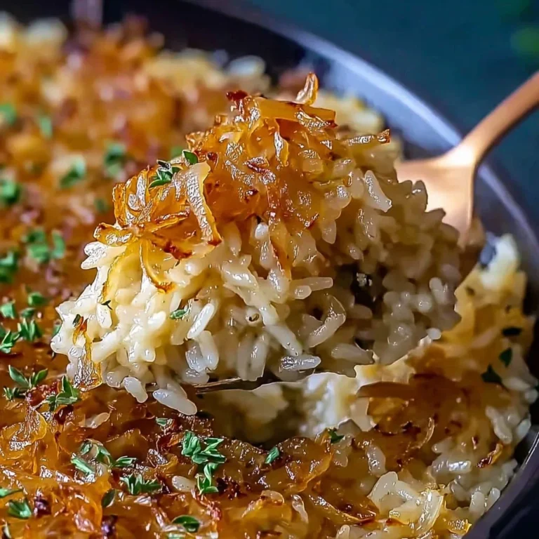 Delicious bowl of French Onion Butter Rice topped with caramelized onions and herbs.