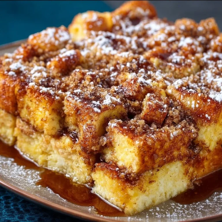 Baked French Toast Bake topped with powdered sugar and fresh berries