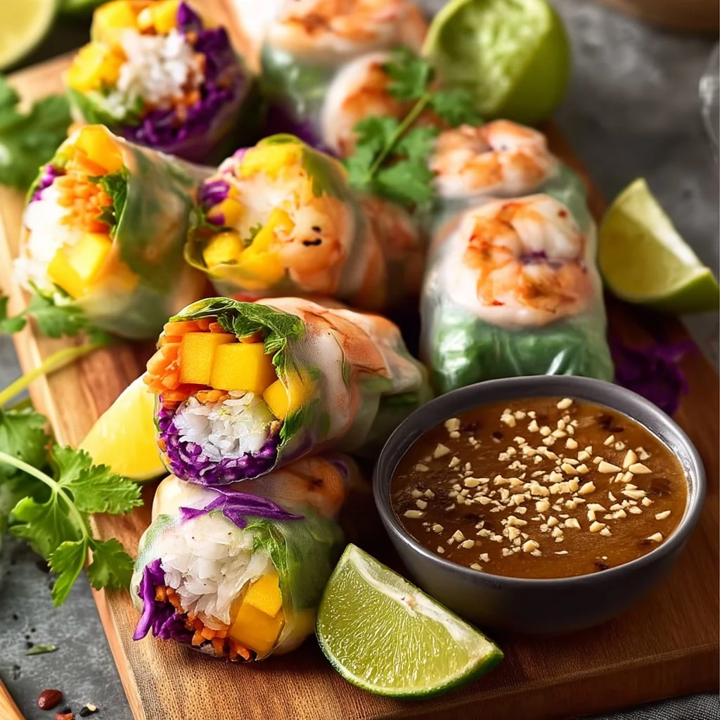 Fresh shrimp-mango rice paper rolls served with lime peanut sauce