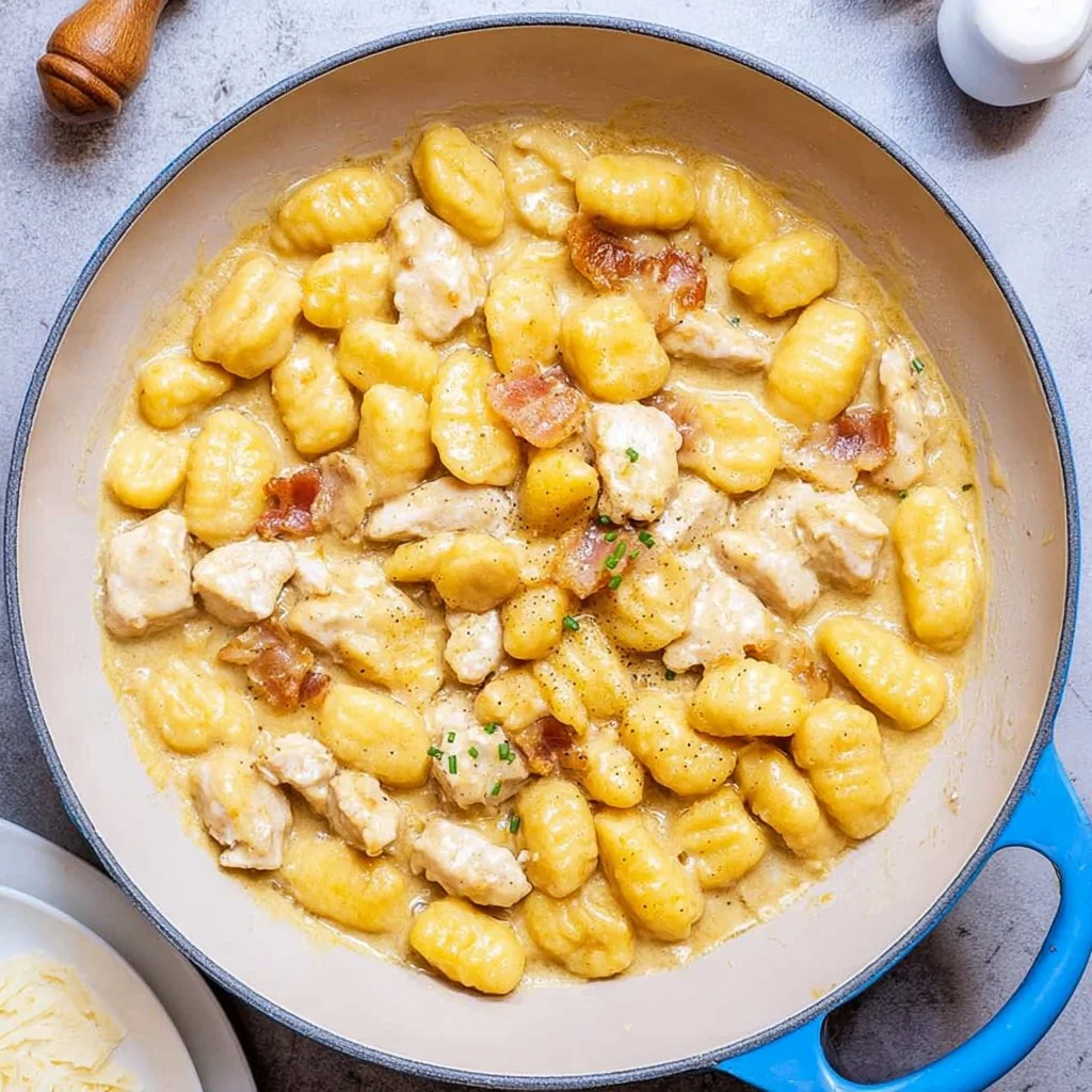 Plate of gnocchi carbonara topped with crispy pancetta and creamy sauce
