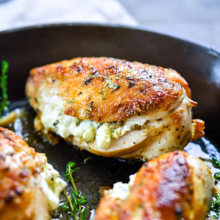 Goat cheese stuffed chicken breast served with herbs and vegetables