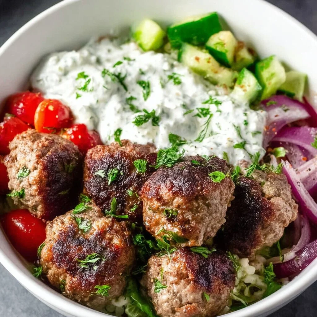 Delicious Greek lamb meatball bowls served with fresh toppings and sauces.