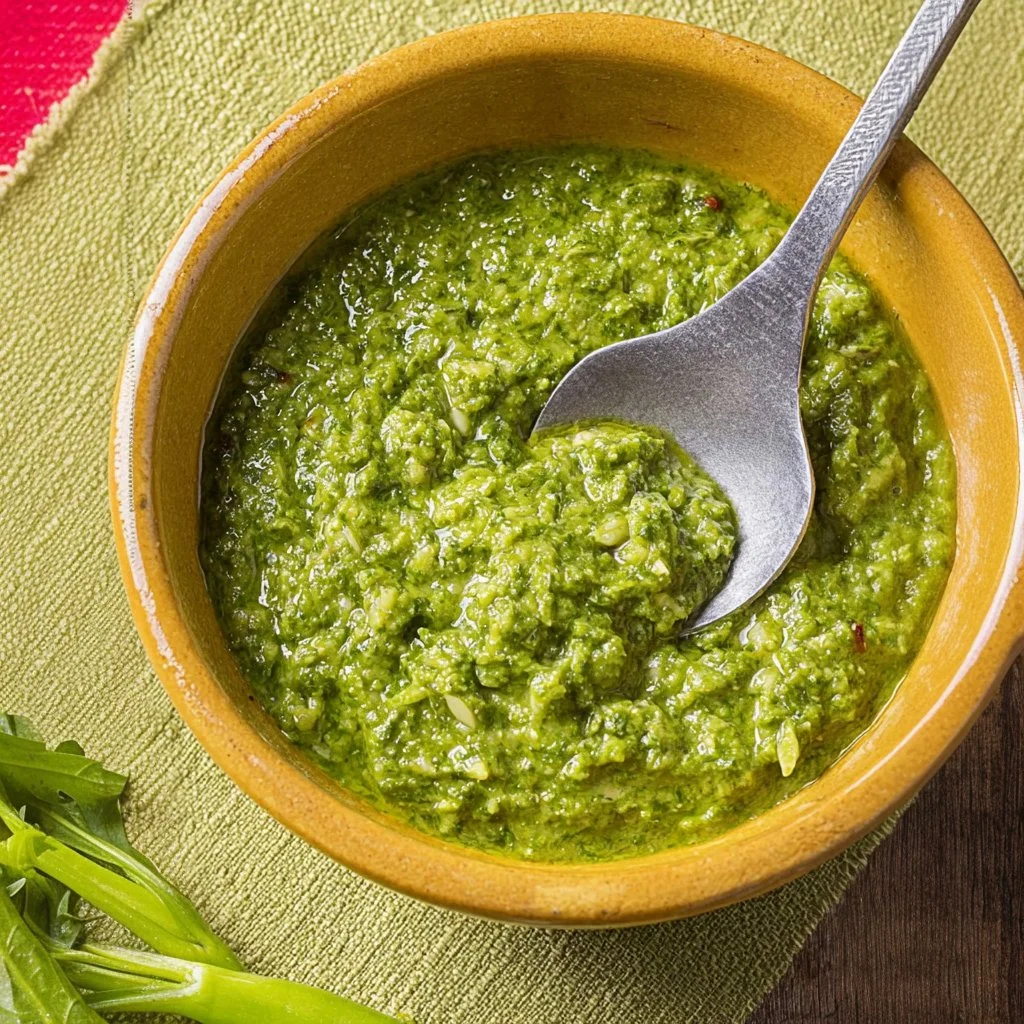 Homemade green curry paste ingredients and preparation in a bowl.