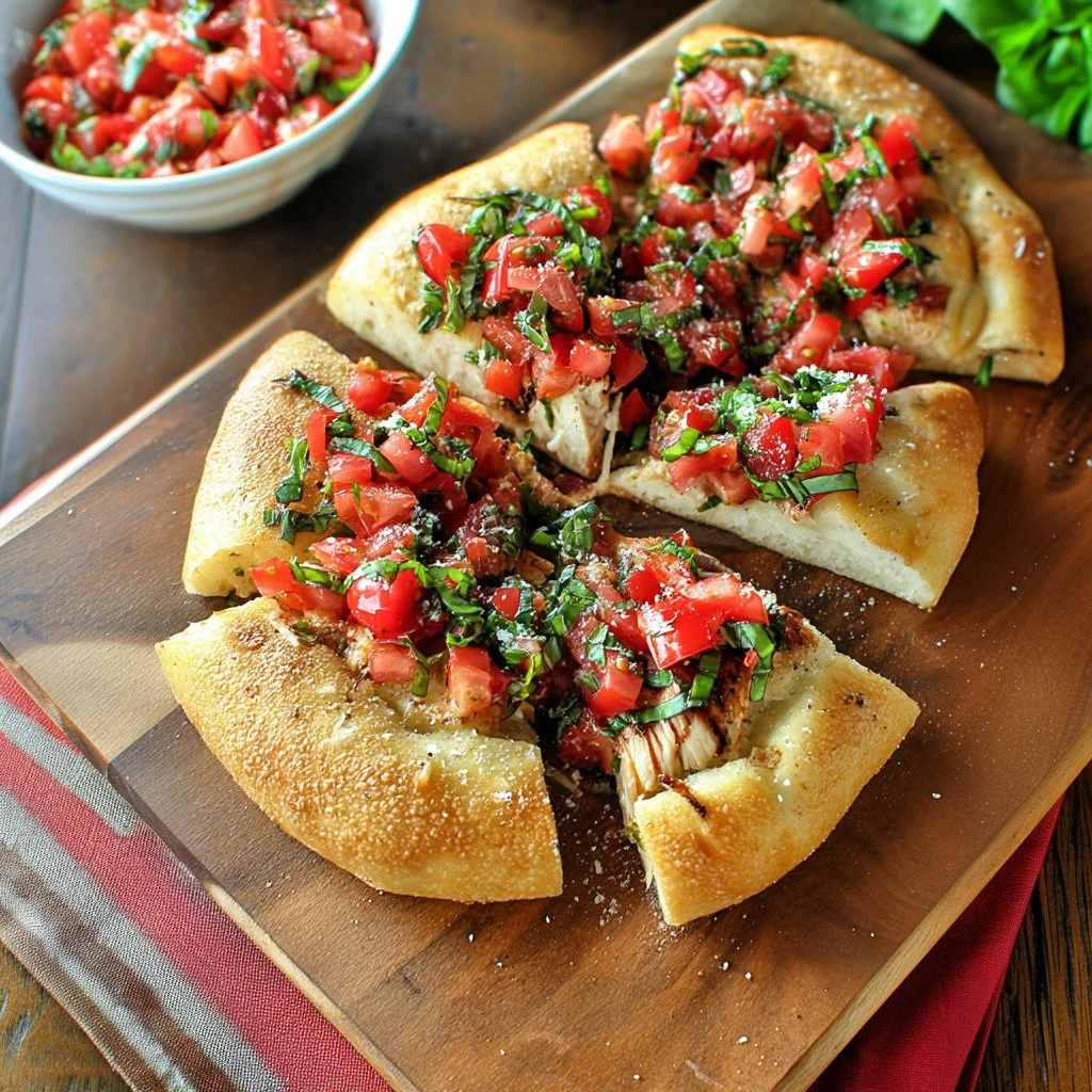 Grilled Chicken and Tomato Basil Bruschetta Pizza topped with fresh ingredients