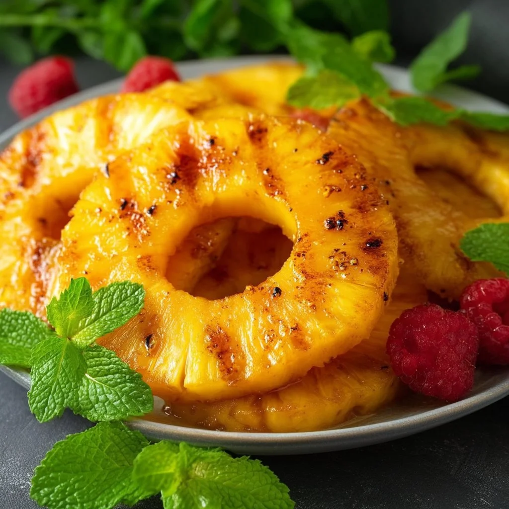 Delicious grilled pineapple slices served as a summer dessert.