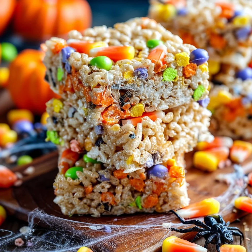 Colorful Halloween Rice Krispie Treats shaped like spooky characters