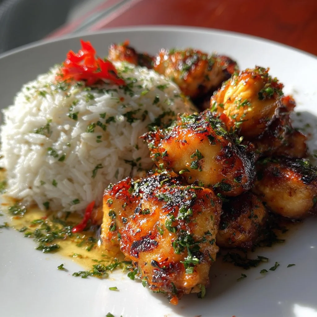 Plate of Hawaiian Chicken served with coconut rice and tropical vegetables