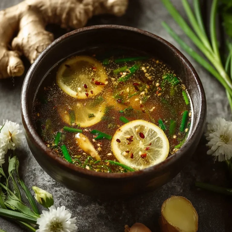 Healing miso-ginger lemon detox broth in a bowl, perfect for wellness.