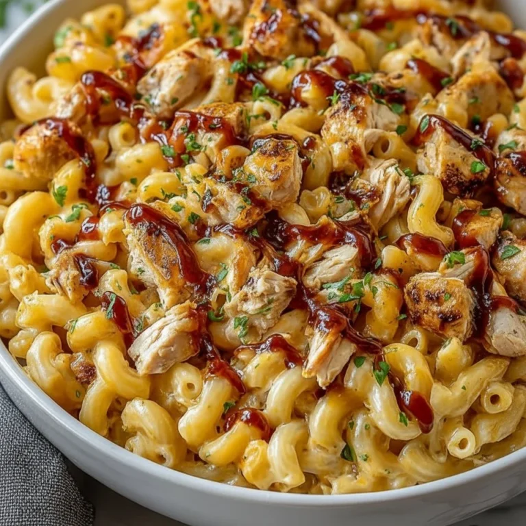High Protein Honey BBQ Chicken Mac & Cheese dish garnished with herbs
