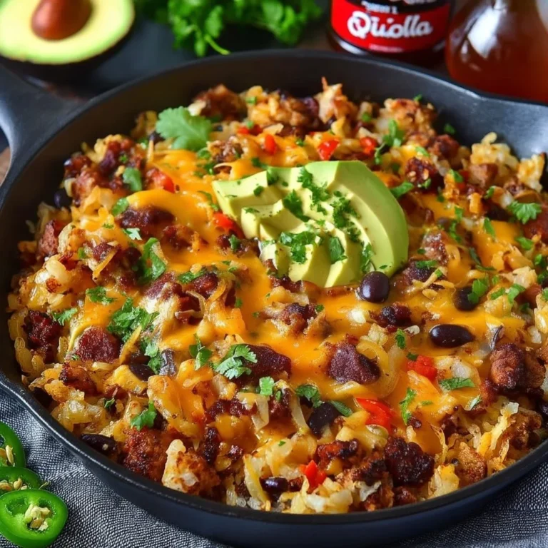 High protein Southwest breakfast skillet with eggs, veggies, and spices.