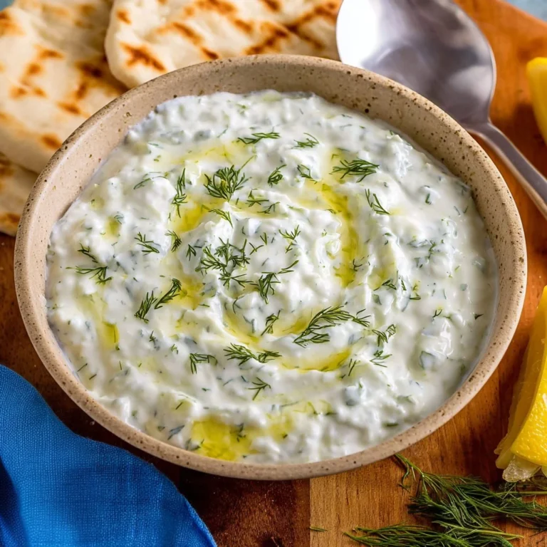 Bowl of homemade tzatziki sauce made with yogurt, cucumber, and garlic