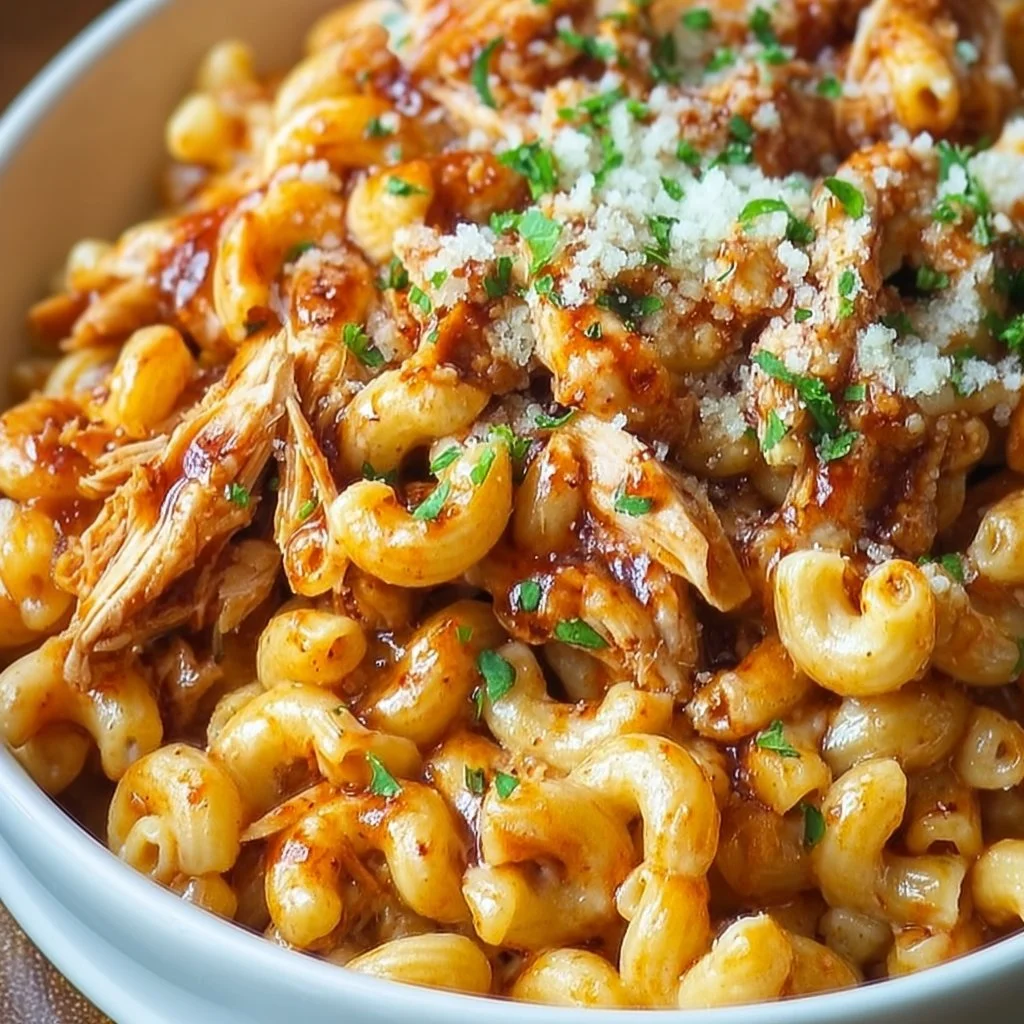 Delicious Honey BBQ Chicken Mac and Cheese served in a bowl