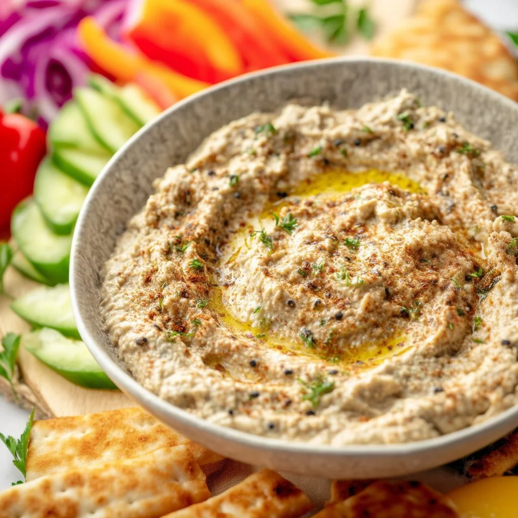 Plate of creamy Baba Ganoush served with pita bread and vegetables