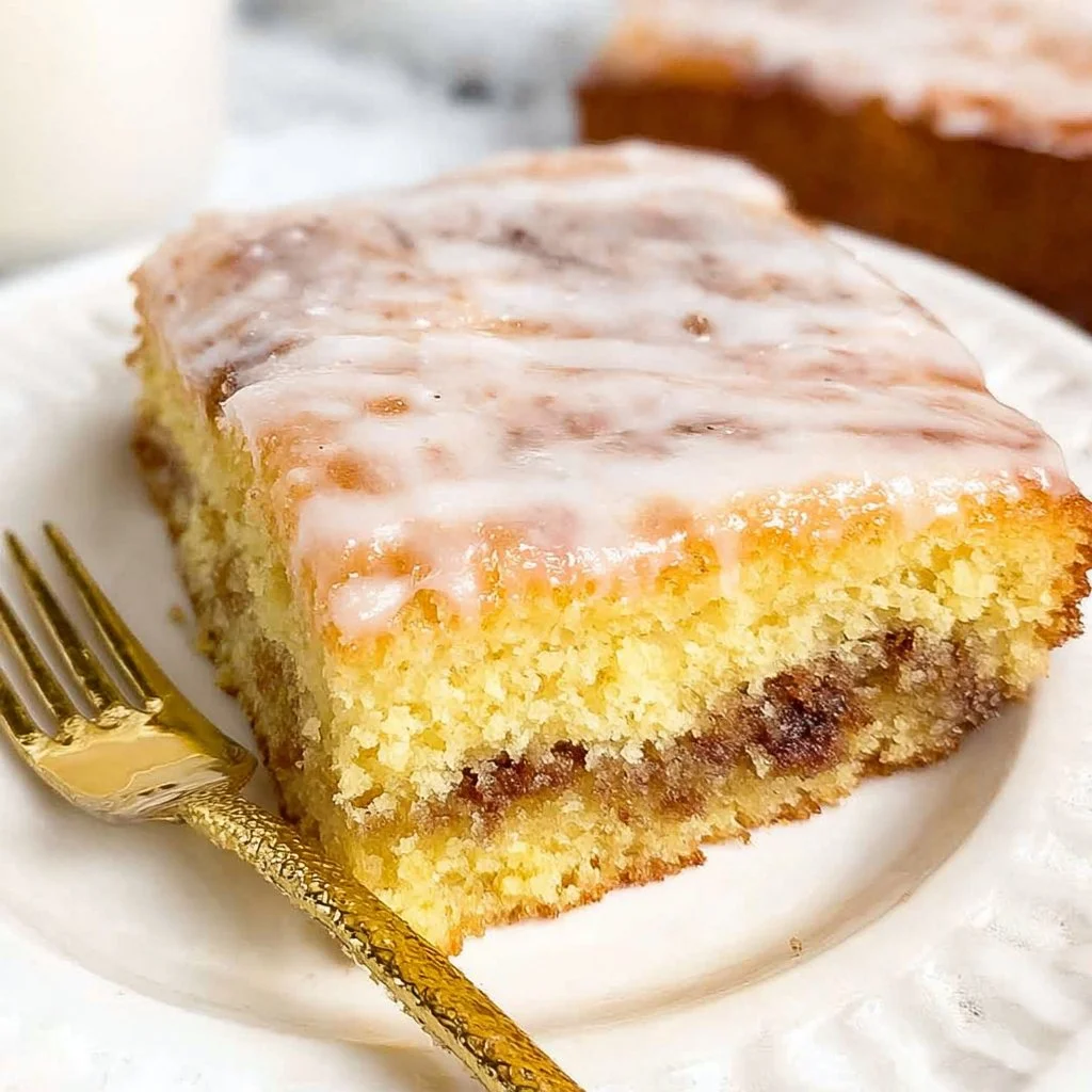 Delicious honey bun cake with a buttery glaze and cinnamon swirls