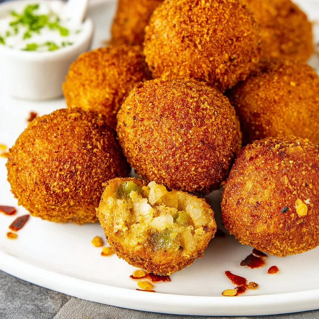 Homemade boudin balls served with dipping sauce on a rustic table.