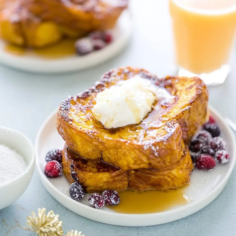 Plate of delicious overnight eggnog French toast topped with powdered sugar and cinnamon