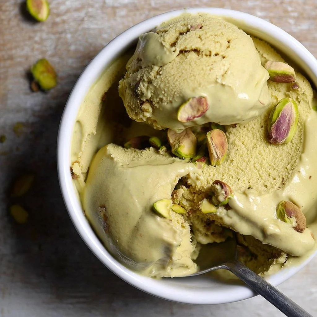 Delicious homemade pistachio ice cream in a bowl with pistachios scattered around.