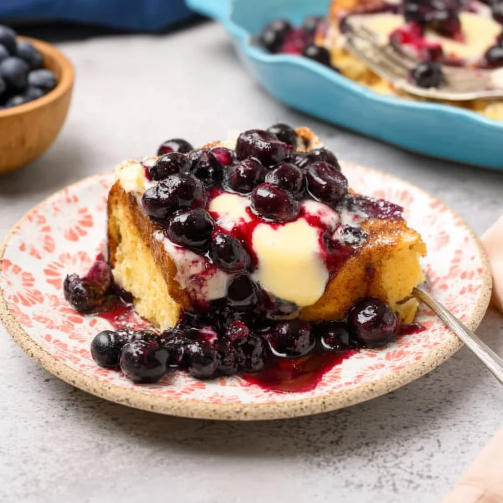 Delicious overnight blueberry French toast topped with fresh blueberries