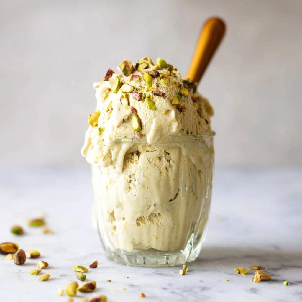A scoop of creamy pistachio cottage cheese ice cream in a bowl.