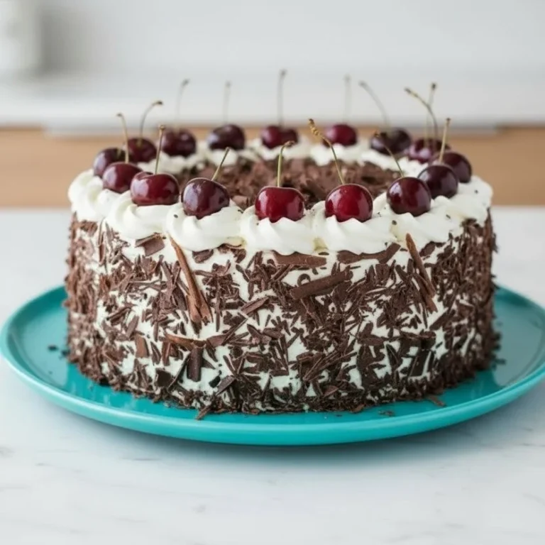 Delicious slice of Black Forest Cake with cherries and whipped cream