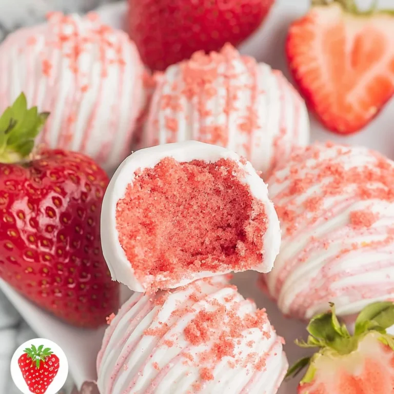 Delicious strawberry cake balls served on a plate, topped with pink frosting.