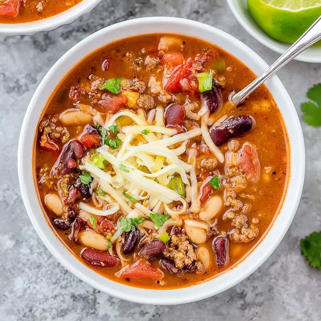 Bowl of Instant Pot Chili topped with cilantro and served with bread.
