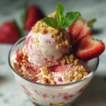 Delicious bowl of strawberry cheesecake ice cream topped with strawberries
