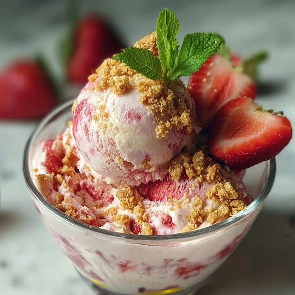 Delicious bowl of strawberry cheesecake ice cream topped with strawberries