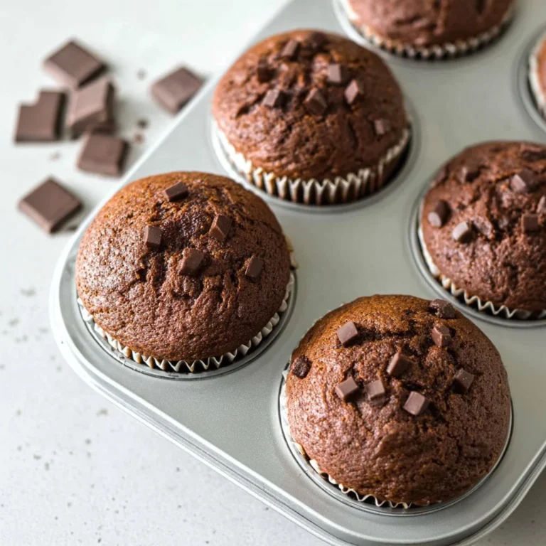 Freshly baked chocolate banana muffins with chocolate chips and bananas