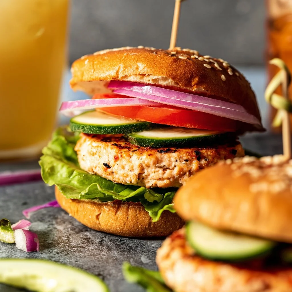 Juicy ground chicken burgers grilled to perfection, served on a rustic wooden plate.