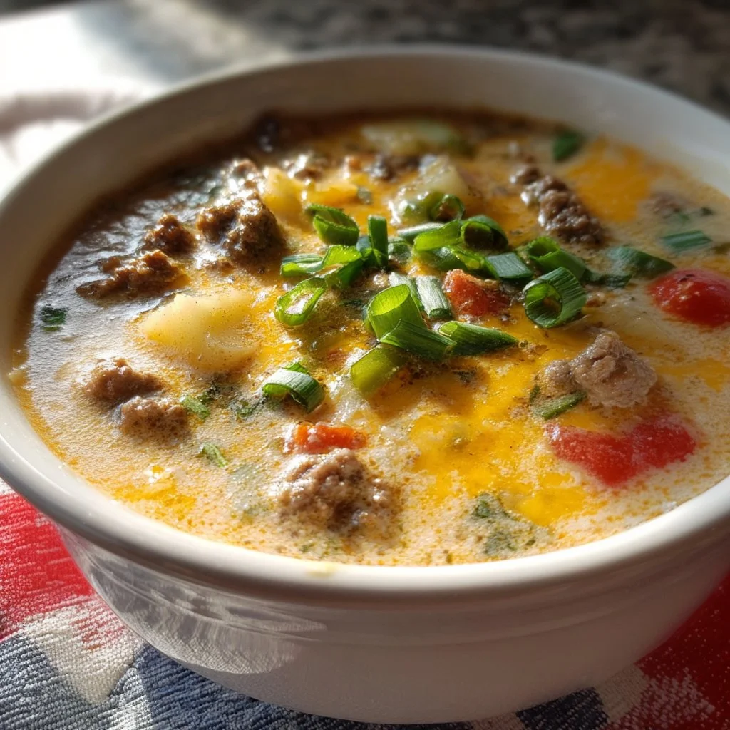 A flavorful bowl of Keto Cheeseburger Soup topped with cheese and garnished with bacon.