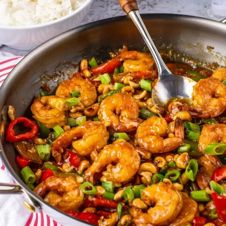 A vibrant plate of Kung Pao Shrimp garnished with vegetables and peanuts.