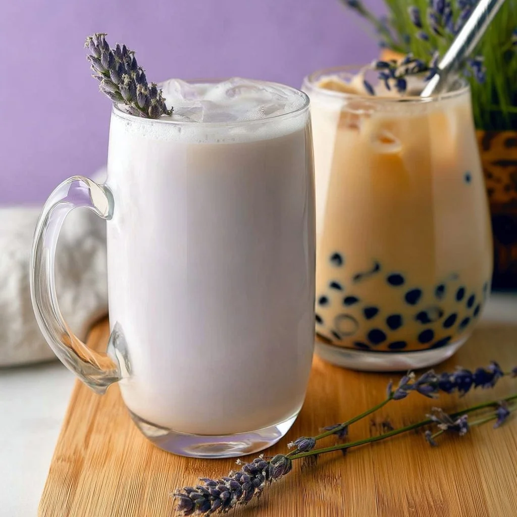 A refreshing cup of lavender milk tea, served hot and iced for a soothing experience.