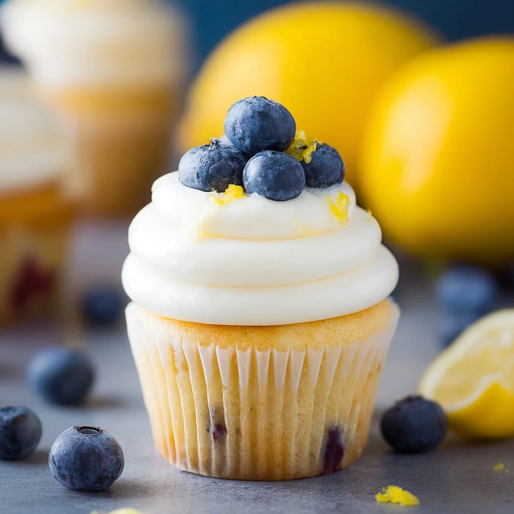 Lemon blueberry cupcakes topped with frosting and fresh blueberries.