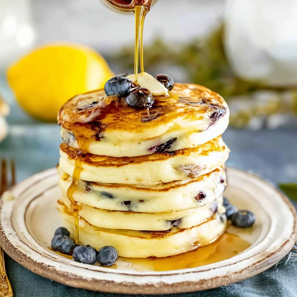 Stack of lemon blueberry ricotta pancakes topped with fresh blueberries