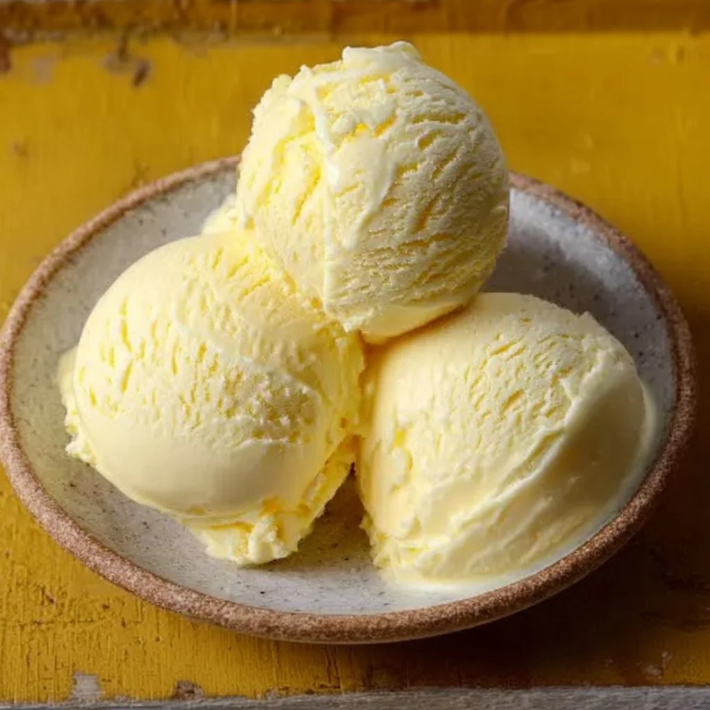 Bowl of creamy lemon ice cream topped with lemon zest and mint leaves